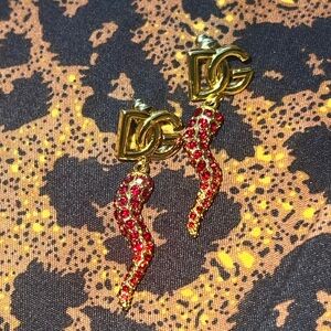 Dolce & Gabbana Gold-Tone Red Crystal Horn Logo Drop Earrings